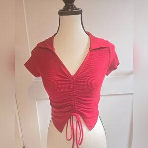 Red Ruched V-Neck Women's Top